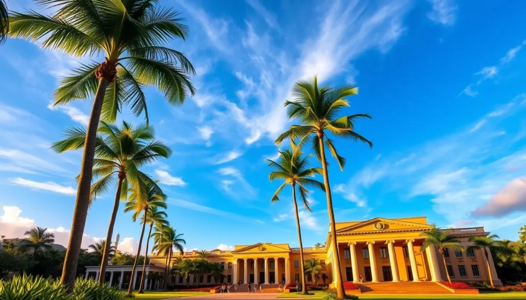 A grand, classical building with ornate architecture and columns stands prominently in the foreground, its facade bathed in warm, golden sunlight. Lush, verdant palm trees and tropical foliage frame the scene, creating a serene, picturesque setting. In the middle ground, visitors stroll along the museum's grounds, admiring the stunning artwork and architecture. The sky is a brilliant, azure blue, with wispy, cotton-like clouds drifting overhead, completing the tranquil, idyllic atmosphere. This is the Honolulu Museum of Art, a renowned cultural institution showcasing the best of Hawaiian and international art, on the beautiful island of Oahu.