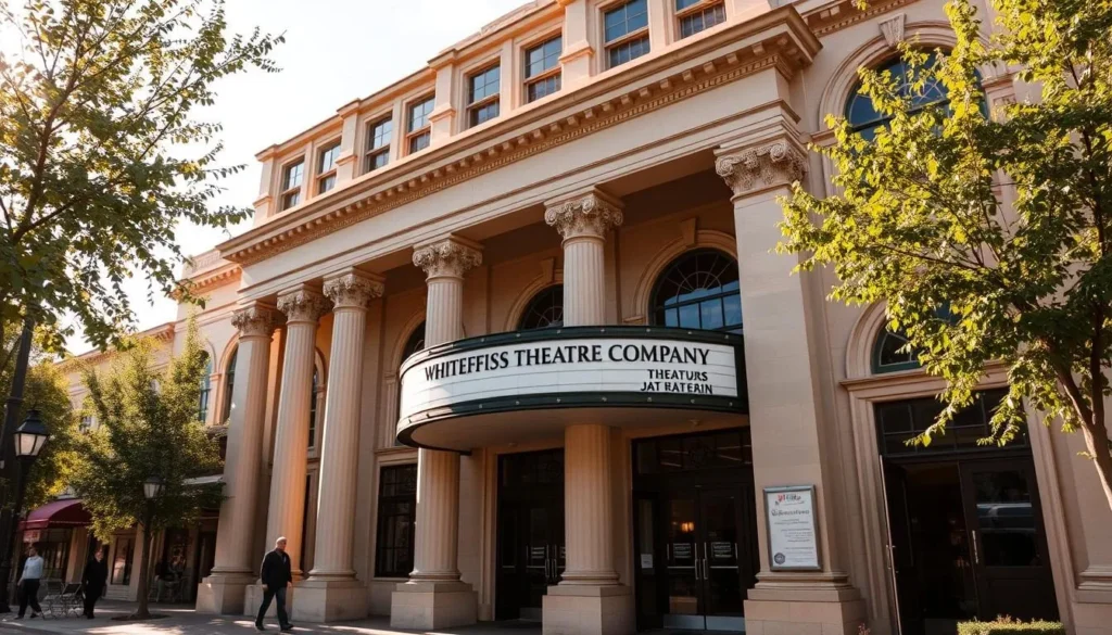 A grand, classical theatre facade with ornate columns and arched windows, bathed in warm afternoon sunlight. The Whitefish Theatre Company sign stands proudly above the entrance, surrounded by lush greenery and a charming, small-town atmosphere. The building's timeless architecture and inviting ambiance evoke a sense of cultural sophistication and community. A few people stroll along the sidewalk, adding a touch of life to the scene. Detailed textures, balanced composition, and a soft, cinematic lighting create a welcoming, picturesque representation of the Whitefish cultural experience.