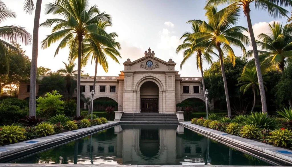 A grand, historic War Memorial Natatorium nestled amidst lush palm trees and verdant foliage, bathed in warm, golden sunlight. The ornate stone facade and arched entryway exude a sense of solemnity and reverence. In the foreground, a tranquil reflecting pool mirrors the structure, adding to the serene and contemplative atmosphere. The surrounding landscape is dotted with colorful tropical flora, creating a picturesque and serene setting that captures the natural beauty and historical significance of this iconic Oahu landmark.