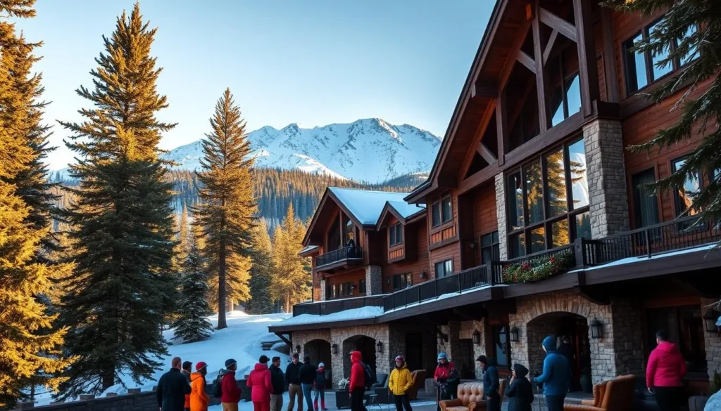 A grand historic ski lodge nestled amidst towering pine trees, with a warm, inviting glow from its large stone fireplaces and wood-paneled interiors. Sunlight streams through the tall windows, casting a cozy, golden hue over the rustic furnishings and plush leather armchairs. In the foreground, a group of skiers congregate on the patio, their vibrant ski gear contrasting the weathered wood and stone. Beyond the lodge, a snow-capped mountain range rises majestically, its peaks glistening under a clear, azure sky. The overall scene evokes a sense of timeless elegance and the thrill of mountain adventures.