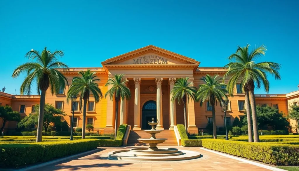 A grand, imposing museum building with a classical architectural style, featuring a grand entranceway with ornate columns and a pediment above. The facade is made of warm, golden-hued stone that glows under the bright, natural lighting. A lush, landscaped plaza surrounds the museum, with neatly trimmed hedges, towering palm trees, and a central water fountain. The sky is a clear, azure blue, and the atmosphere is one of sophistication and cultural significance.