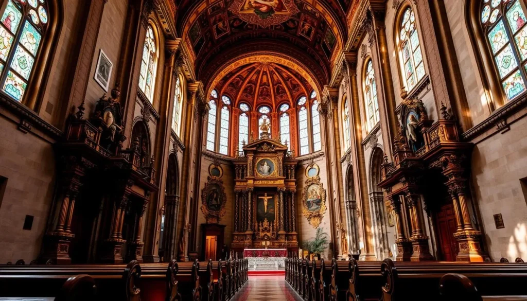 A grand interior of a historic Catholic church in Morelia, Mexico, bathed in warm, natural light filtering through stained glass windows. The ornate altar dominates the foreground, its intricate carvings and gilded details shimmering. Ornate wooden pews line the middle ground, leading the eye towards the soaring arched ceiling adorned with ornate frescoes. The overall atmosphere is one of reverence and tranquility, capturing the architectural beauty and spiritual essence of this sacred space.