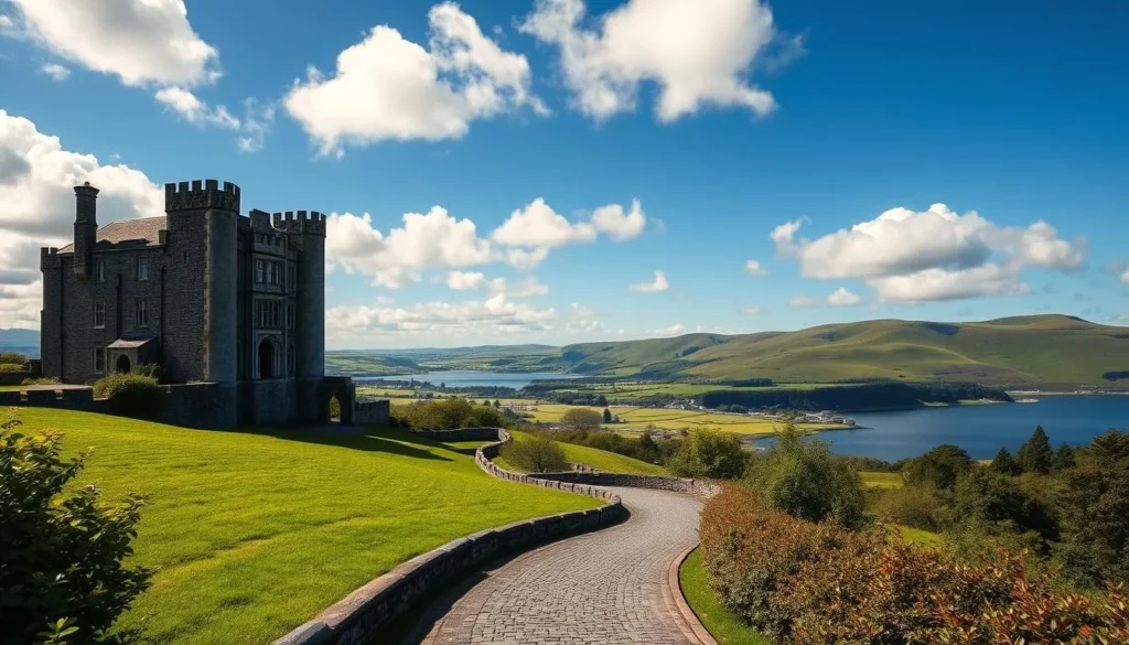 A grand, majestic castle overlooking rolling green hills and a glistening lake, set against a clear blue sky with fluffy white clouds. The castle's stone walls and turrets are adorned with intricate architectural details, casting dramatic shadows across the scene. In the foreground, a winding cobblestone path leads visitors towards the castle's grand entrance, flanked by lush, vibrant foliage. The overall atmosphere conveys a sense of history, tranquility, and the captivating essence of Northern Ireland's rich cultural heritage.