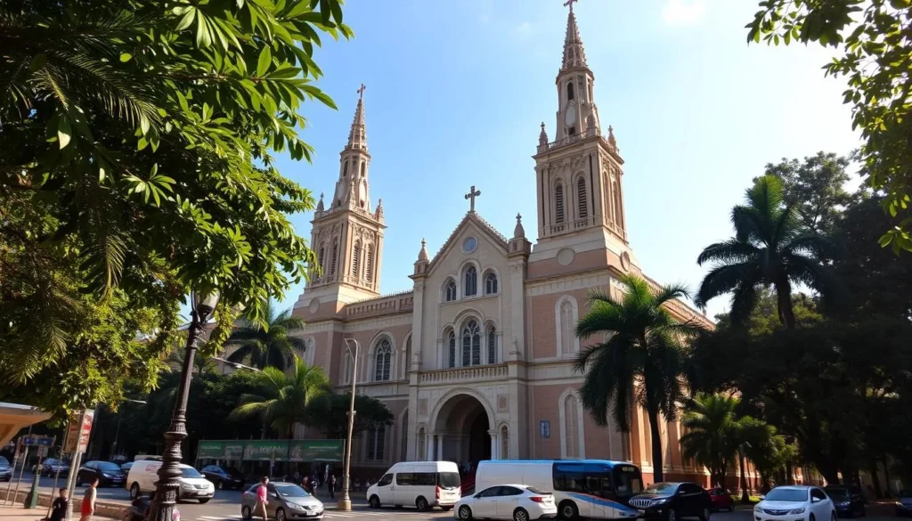 A grand, majestic colonial-era cathedral stands tall, its ornate façade glowing in the warm afternoon sunlight. Tall spires and intricate arched windows adorn the building, hinting at its rich history. The cathedral is situated in a busy District 1 street, with bustling pedestrians and vehicles passing by. Lush tropical foliage frames the scene, adding a touch of verdant beauty. The overall atmosphere is one of stately elegance and timeless charm, inviting visitors to admire the architectural wonders of Ho Chi Minh City.