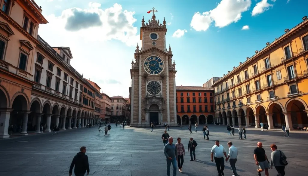 A grand medieval square in Padova, Italy, bathed in warm afternoon sunlight. The iconic Astronomical Clock of Piazza dei Signori stands tall, its ornate facade and intricate mechanisms on full display. The clock's dials and rotating celestial spheres captivate onlookers, hinting at the wonders of the cosmos. Ornate Renaissance-style buildings frame the scene, their warm-toned facades and elegant arches creating a timeless ambiance. Pedestrians meander through the square, pausing to gaze up at the mesmerizing timepiece. A crisp, clear sky provides the perfect backdrop, cumulus clouds drifting lazily overhead. The overall atmosphere is one of wonder, history, and the enduring human fascination with the heavens.