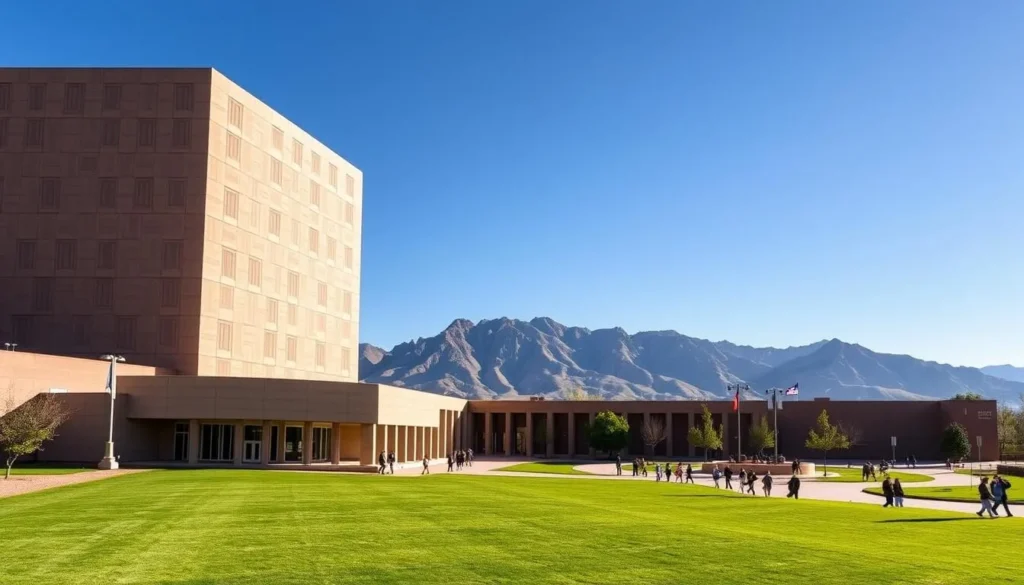 A grand, modern adobe-style building with striking geometric patterns and clean lines, the Albuquerque Museum stands tall against a clear blue sky. Sunlight bathes the façade, casting warm shadows that accentuate the intricate textures. In the foreground, a lush, well-manicured lawn invites visitors to explore the museum's grounds. The middle ground reveals a bustling plaza, with people leisurely strolling, admiring the architecture. In the background, the majestic Sandia Mountains provide a stunning natural backdrop, their rugged peaks contrasting with the sleek, contemporary design of the museum. The overall scene conveys a sense of modern sophistication, cultural significance, and harmonious integration with the surrounding environment.