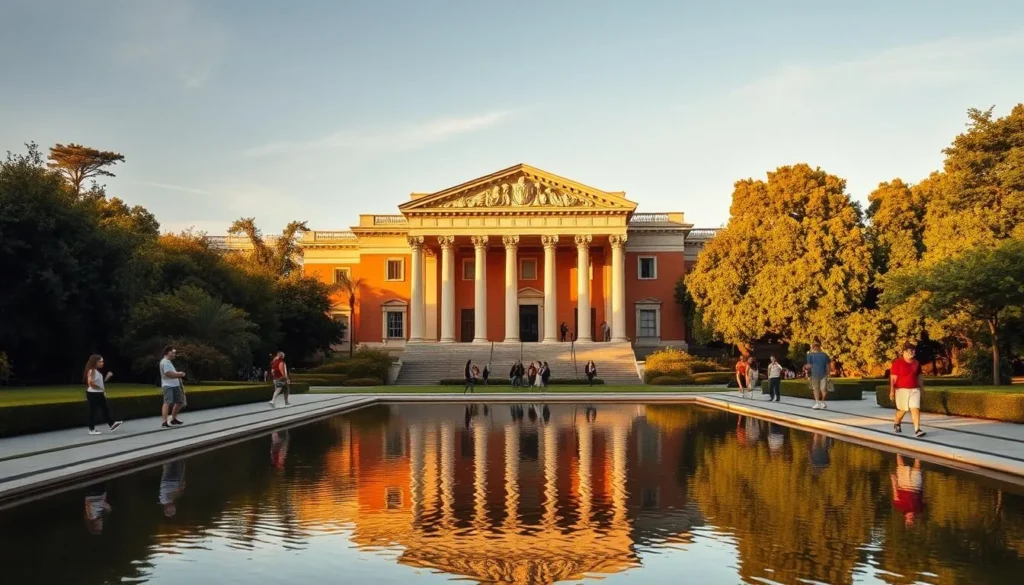 A grand, neoclassical museum building with towering columns and an ornate facade, set against a backdrop of lush, verdant foliage. The sun casts a warm, golden glow over the scene, illuminating the intricate architectural details. In the foreground, a tranquil reflecting pool mirrors the museum's grandeur, its surface rippling gently in the soft breeze. Visitors stroll along the manicured pathways, pausing to admire the stunning edifice and its picturesque surroundings. An atmosphere of cultural sophistication and appreciation for the arts pervades the scene.