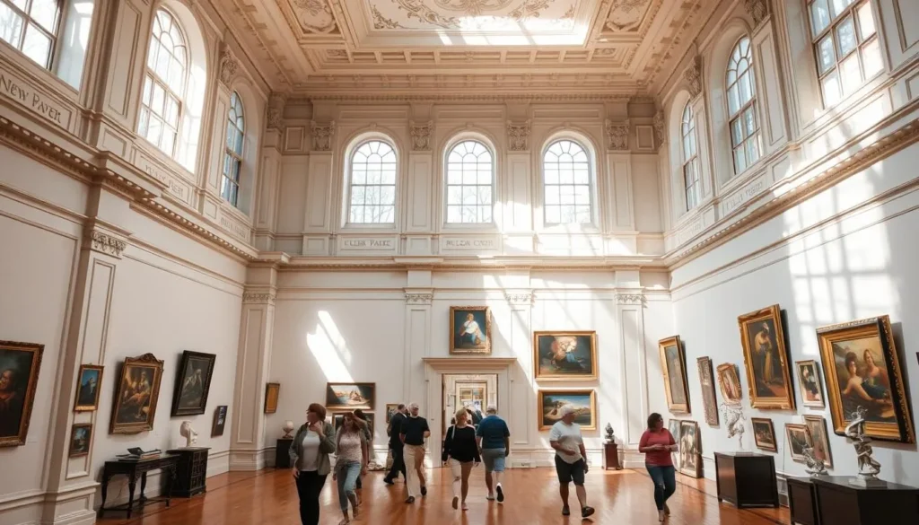 A grand, ornate art gallery in a historic New Haven, Missouri building. Sunlight streams through tall windows, illuminating the interior's elegant architecture - intricate moldings, vaulted ceilings, and polished hardwood floors. Framed paintings and sculptures are displayed on pristine white walls, their vibrant colors and textures inviting visitors to admire the work of local and regional artists. Visitors leisurely stroll through the gallery, appreciating the carefully curated exhibits. An atmosphere of creativity, culture, and contemplation pervades the space, making it a hub for the town's art enthusiasts.
