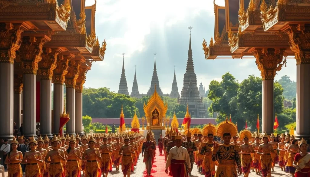 A grand, ornate processional in the heart of the Khmer Empire. Graceful dancers in resplendent costumes perform ancient rituals beneath the golden spires of a magnificent palace. Sunlight filters through the intricate architectural details, casting a warm, ceremonial glow over the regal spectacle. In the foreground, a procession of elaborately adorned royals and attendants move in stately formation, their vibrant robes and jeweled regalia shimmering. In the middle ground, a gilded throne stands raised on a dais, flanked by towering statues and ceremonial banners. The background reveals lush, verdant gardens and the imposing silhouettes of historic temple structures, hinting at the rich cultural heritage of this royal ceremony.