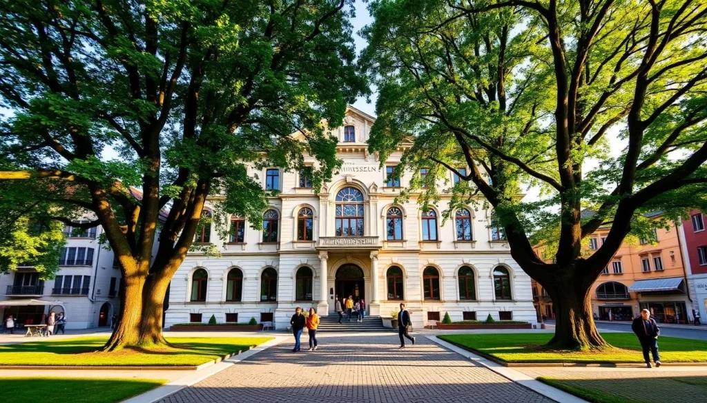 A grand, stately building in the classic Swiss architectural style, the Nidwalden Museum stands proudly in the historic center of Stans, its facade adorned with ornate stone carvings and arched windows that catch the warm glow of the afternoon sun. Towering trees frame the scene, their lush foliage casting gentle shadows across the manicured lawns and cobblestone paths leading to the museum's entrance. Visitors stroll leisurely, admiring the meticulously preserved details that evoke the region's rich cultural heritage. The atmosphere is one of quiet contemplation, inviting guests to step inside and immerse themselves in the fascinating stories of Nidwalden's past.