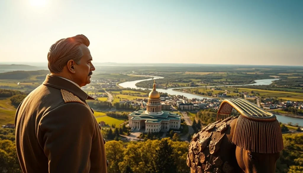 A grand, stately figure of Otto von Bismarck stands tall, gazing out over the lush, rolling hills of Bismarck, North Dakota. The sun casts a warm, golden glow, illuminating the statesman's weathered features and the intricate details of his uniform. In the middle ground, a picturesque cityscape unfolds, with the gleaming dome of the state capitol building rising majestically. In the distance, the mighty Missouri River winds its way through the verdant landscape, underscoring the natural beauty that surrounds this historic city. The overall scene conveys a sense of timeless grandeur, honoring the legacy of the man who lent his name to this thriving community.