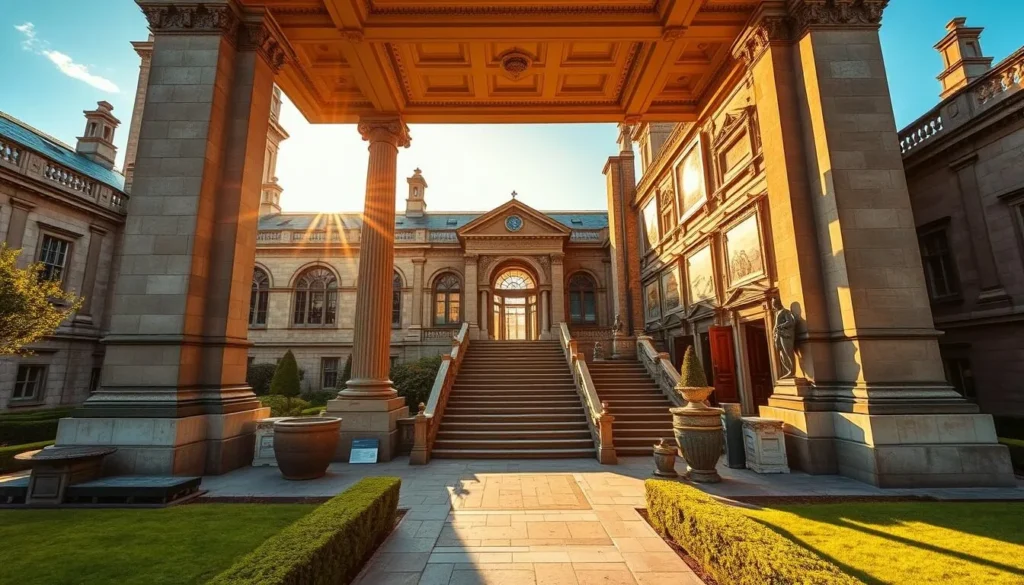 A grand, stately history museum nestled in the heart of Munster, Ireland. The exterior features ornate stone architecture and manicured gardens, bathed in the warm glow of golden hour sunlight. The entrance hall is adorned with towering columns, intricate moldings, and a grand staircase leading to the galleries above. Inside, visitors are immersed in a rich tapestry of Irish heritage, with meticulously curated exhibits showcasing ancient artifacts, medieval weaponry, and interactive displays that bring the past to life. The museum exudes a sense of reverence and intellectual curiosity, inviting history buffs to explore the captivating stories that have shaped the region.