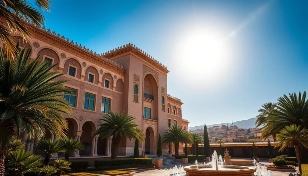 A grand, sun-drenched palace stands tall against the azure sky, its ornate facades adorned with intricate tilework and arched windows. Lush gardens with cascading fountains and palm trees surround the majestic structure, inviting visitors to explore its regal courtyards and elegant interiors. Sunlight filters through the ornate archways, casting warm, golden hues across the scene. In the distance, the iconic skyline of Fes' historic medina can be seen, a testament to the city's rich heritage. The overall atmosphere is one of serene grandeur, capturing the essence of Fes' best cultural attractions beyond the famed old town.