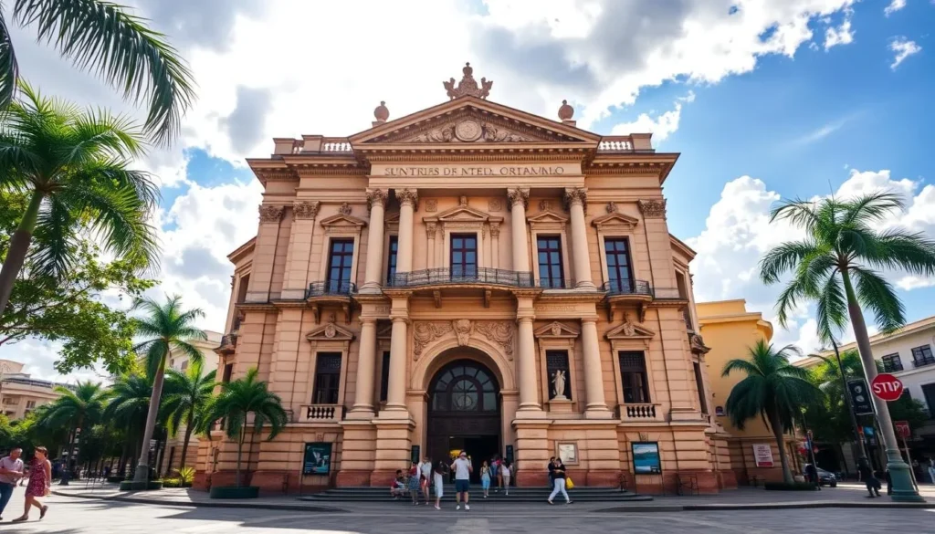 A grand, three-story museum building in the neoclassical architectural style, its facade adorned with ornate columns and intricate stone carvings. The structure stands prominently in a plaza, surrounded by lush palm trees and bustling streets. Sunlight filters through the clouds, casting a warm, inviting glow over the scene. Visitors can be seen entering the museum's grand entrance, eager to explore the renowned collection of Sonoran art and artifacts within. The atmosphere is one of cultural significance and community pride, reflecting the museum's role as a beloved local landmark in the heart of Hermosillo.