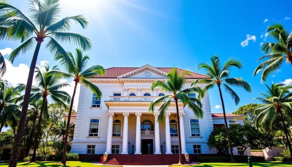 A grand, three-story neoclassical building with a striking white facade and red-tiled roof stands proudly in the heart of Honolulu. Surrounded by lush palm trees and with the clear blue Hawaiian sky as a backdrop, the Honolulu Museum of Art invites visitors to explore its world-class collection of art. The main entrance features a grand portico with intricate columns and ornate architectural details. Sunlight streams through the large windows, illuminating the galleries within and casting a warm, welcoming glow. The museum's serene grounds offer a tranquil oasis amidst the bustling city, providing a peaceful respite for art enthusiasts to immerse themselves in the vibrant cultural heritage of Hawaii.