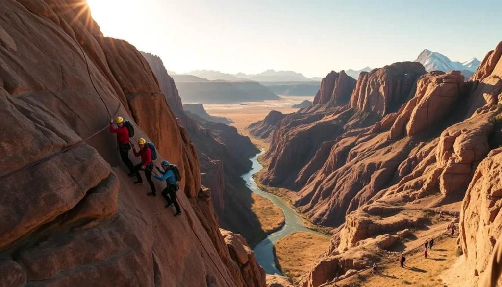A group of experienced rock climbing guides navigate the rugged terrain of Smith Rock, the iconic climbing destination in central Oregon. The sun casts a warm glow over the dramatic basalt cliffs, casting long shadows across the scene. In the foreground, the guides expertly maneuver up a challenging face, their bodies in perfect balance as they secure their clients with precision. The mid-ground reveals the stunning landscape, with the Crooked River snaking through the high desert canyon. In the distance, the jagged peaks of the Cascades rise majestically against a cloudless sky. The overall atmosphere exudes a sense of adventure, skill, and the awe-inspiring natural beauty that draws climbers to this renowned destination.