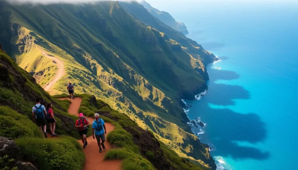 A group of hikers carefully navigating the winding Kalalau Trail along the stunning Napali Coast of Kauai, Hawaii. The lush, verdant cliffs rise dramatically in the background, while the sparkling turquoise waters of the Pacific Ocean stretch out to the horizon. The hikers move cautiously, mindful of the trail's steep, narrow paths and dramatic drop-offs. Warm, diffused sunlight casts a peaceful glow over the scene, highlighting the hikers' focus and the serene natural beauty that surrounds them. The image conveys the thrill of hiking this iconic trail, as well as the importance of safety and caution when exploring this remote and rugged landscape.