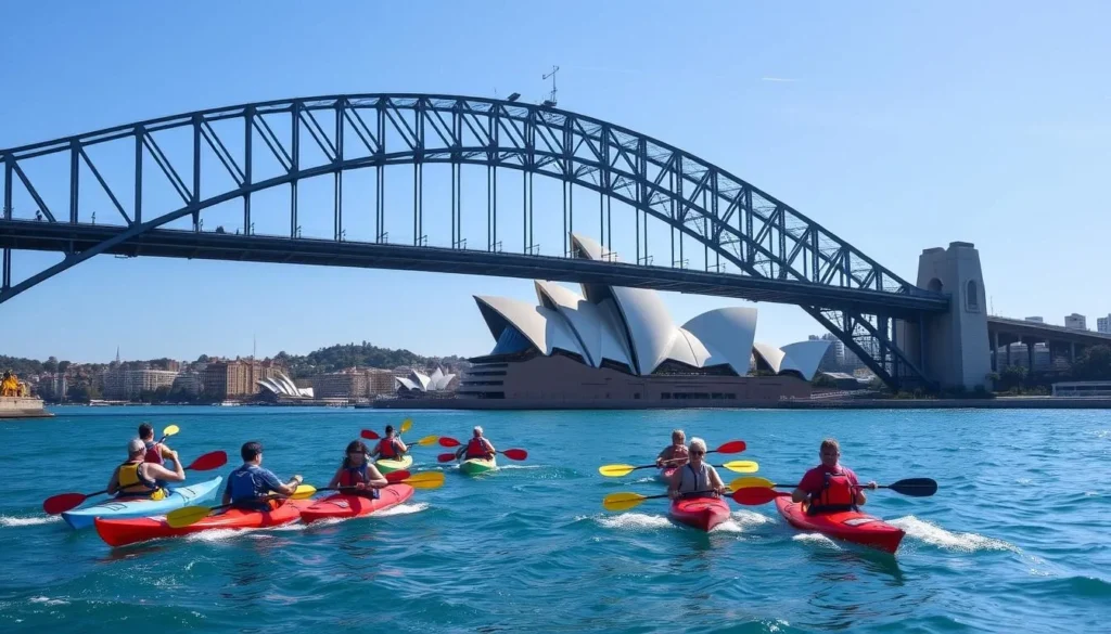 A group of kayakers paddling under the Harbour Bridge with the Sydney Opera House in the background