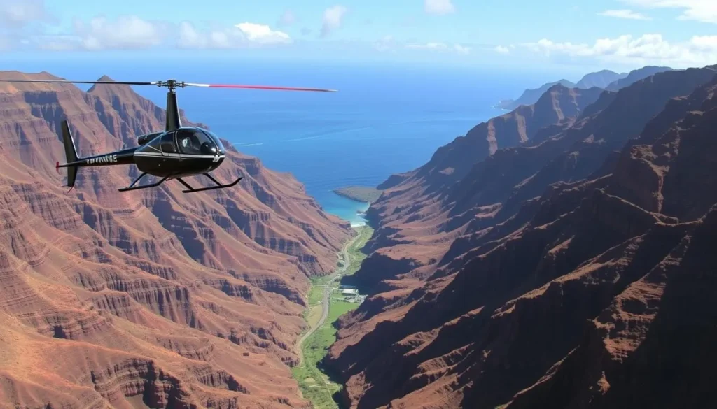 A helicopter flying over Waimea Canyon with the Na Pali Coast in the background