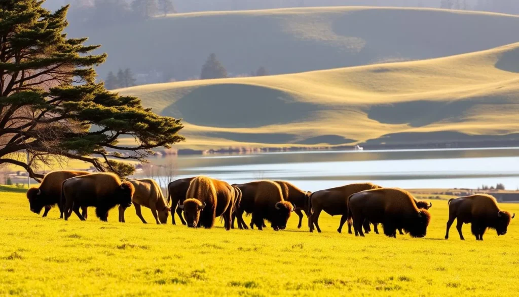 A herd of majestic bison grazing peacefully in the lush, verdant meadows of Golden Gate Park, their golden-hued coats glistening in the warm, golden afternoon sunlight. The animals stand tall and proud, their powerful frames silhouetted against the backdrop of the park's picturesque lakes and rolling hills. The scene is bathed in a soft, natural light, with a gentle breeze rustling the nearby trees and creating a serene, tranquil atmosphere. The overall impression is one of harmony and balance, capturing the essence of Golden Gate Park's natural beauty and the wonder of its wildlife.
