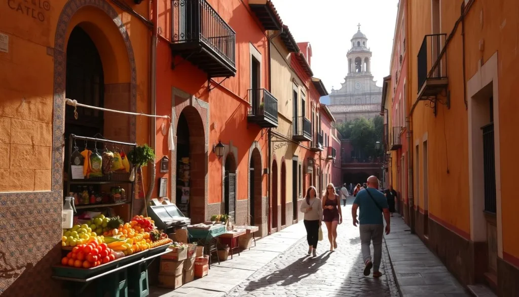 A hidden alleyway in the historic center of Toluca, Mexico, bathed in warm afternoon sunlight. Cobblestone paths wind between colorful, centuries-old adobe buildings, their facades adorned with intricate tilework and wrought-iron balconies. A local market stall overflows with vibrant fruits and vegetables, their aromas mingling with the scent of freshly baked pan dulce from a nearby bakery. In the distance, the bell tower of an ornate colonial church rises above the rooftops, a testament to the city's rich cultural heritage. Pedestrians stroll leisurely, pausing to admire the charming details that make this hidden gem a true delight for the senses.