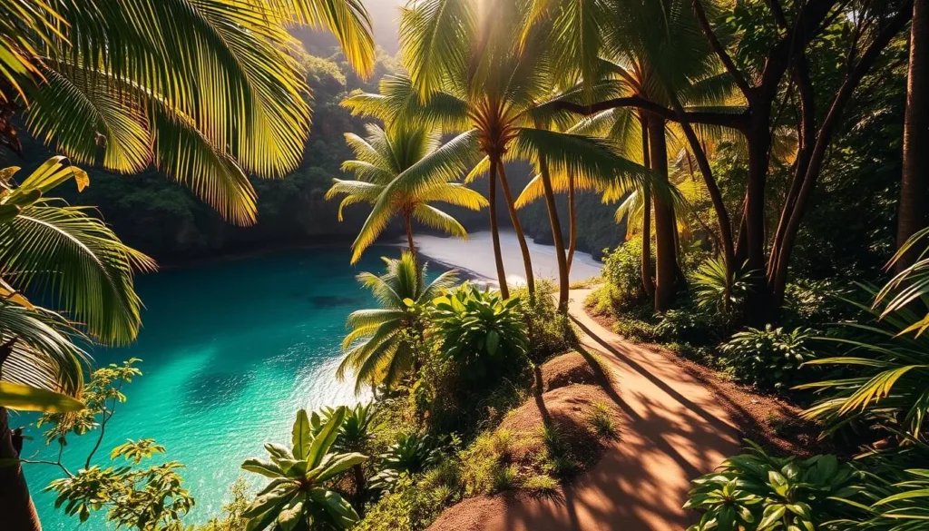 A hidden cove nestled amidst lush tropical foliage on the island of Kauai. Emerald green waters lap gently against a secluded beach, fringed by swaying palm trees. Warm sunlight filters through the canopy, casting a golden glow over the scene. A winding trail leads down to the shore, inviting exploration of this serene, off-the-beaten-path paradise. Capture the tranquility and natural beauty of Kauai's hidden gems, where the rhythm of the waves and the whisper of the wind offer a peaceful escape from the crowds.