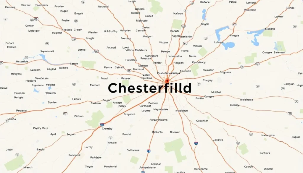 A high-resolution, detailed map of the Chesterfield area, showcasing the main streets, highways, and landmarks. The map should have a clean, minimalist design with clear labels and a neutral color palette, allowing the geographic information to stand out. Depict the map from a birds-eye view, with a slight perspective tilt to provide depth and context. The lighting should be natural and evenly distributed, creating a pleasant, daytime atmosphere. Ensure the map conveys a sense of geographic clarity and orientation, making it easy for the viewer to navigate the Chesterfield region.