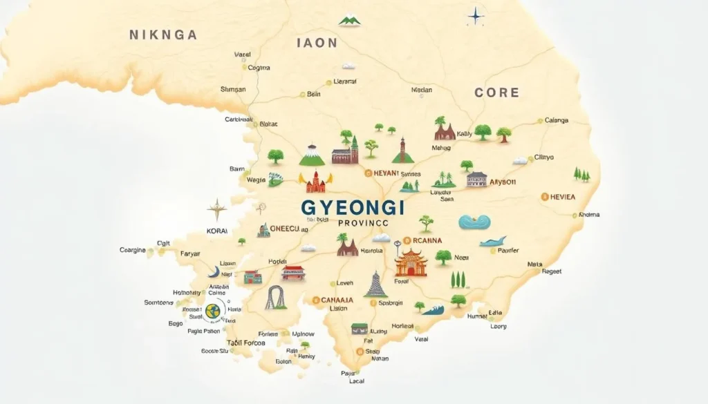A highly detailed, photorealistic map of Gyeonggi Province, South Korea, showcasing its diverse landscapes and vibrant cities. The map is presented in a clean, minimalist style, with a crisp, high-resolution appearance. Depict the province in a warm, pleasant daylight setting, with a soft, natural lighting that highlights the distinct regions and landmarks. Convey a sense of tranquility and exploration, inviting the viewer to discover the hidden gems of this captivating area. Ensure the map is comprehensive yet uncluttered, allowing the viewer to easily navigate and appreciate the unique features of Gyeonggi Province.
