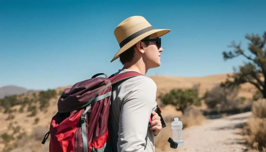 A hiker with backpack and water bottle on a trail in San Benito County A hiker with backpack and water bottle on a trail in San Benito County