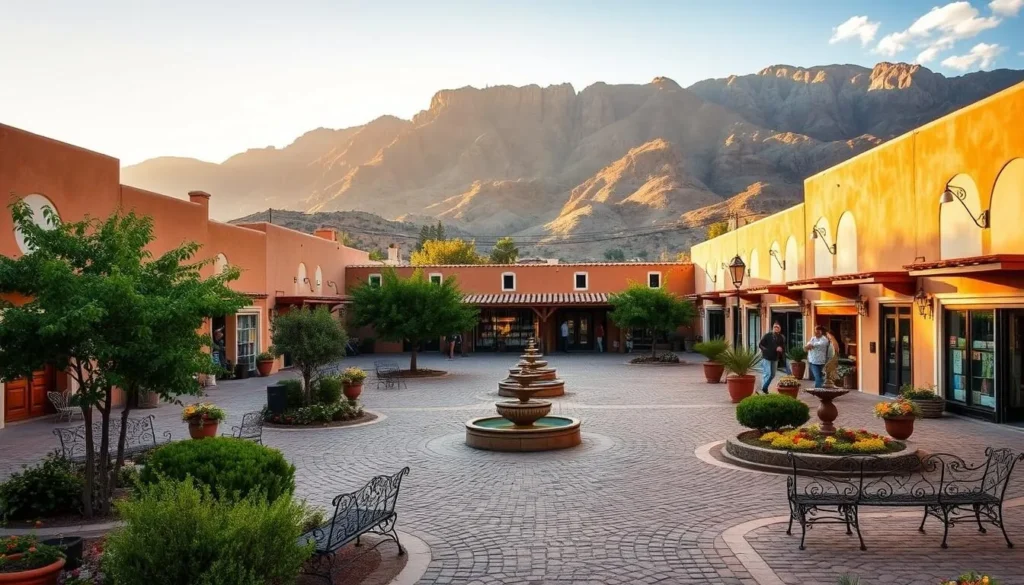 A historic adobe-style plaza set against a backdrop of rugged mountains, bathed in warm, golden sunlight. In the foreground, cobblestone paths wind through lush greenery and quaint shops, their doors and windows adorned with colorful Spanish colonial details. Wrought-iron benches and fountains dot the serene central square, where locals and visitors alike stroll, converse, and soak in the timeless ambiance of this enchanting Southwestern town. The image captures the tranquil essence of Mesilla's picturesque plaza, a cherished relic of New Mexico's rich cultural heritage.