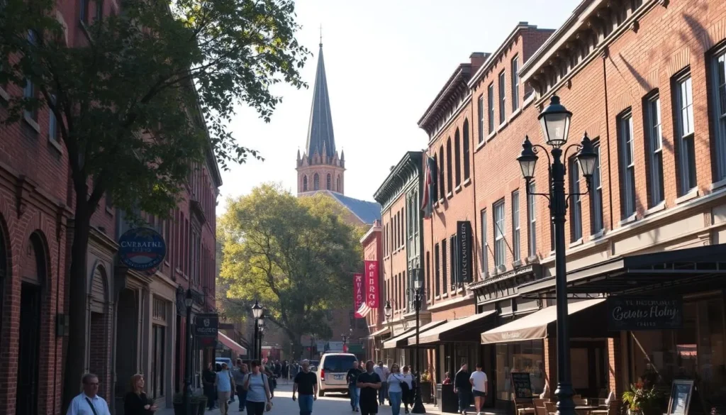 A historic downtown district with charming brick buildings, ornate facades, and old-fashioned street lamps lining the sidewalks. Sunlight filters through the trees, casting a warm, golden glow over the scene. People stroll along the streets, window-shopping and dining at quaint cafes. In the distance, the steeple of a grand, old church rises above the rooftops. The atmosphere is one of timeless elegance and community, inviting visitors to step back in time and explore the rich history of this vibrant, small-town center.