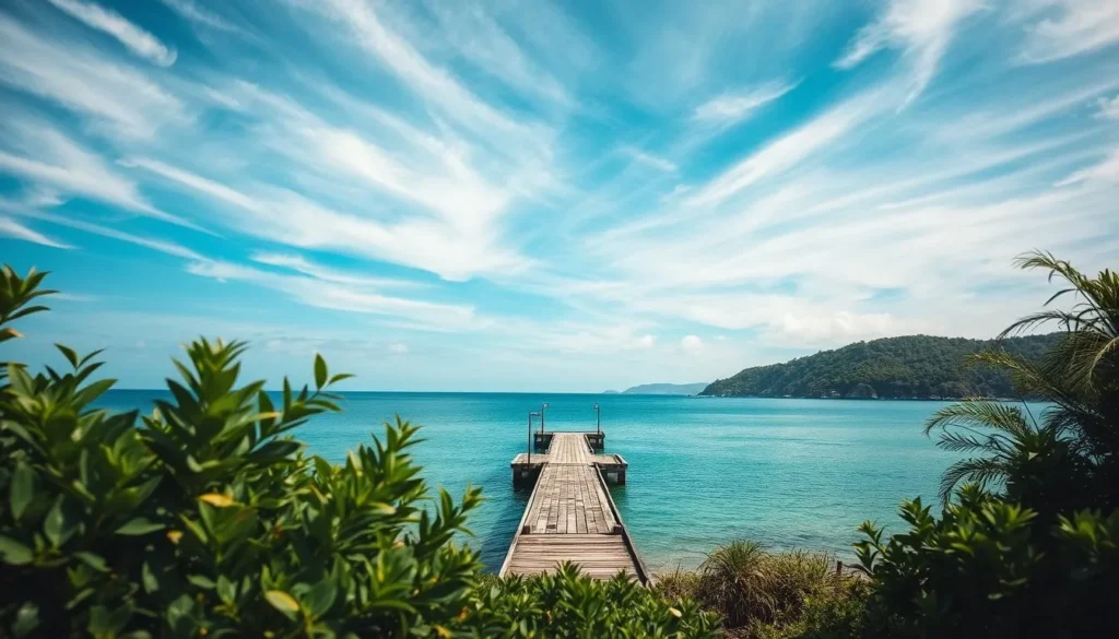 A humid summer day in an idyllic coastal town, with wispy cirrus clouds drifting across a bright azure sky. In the foreground, lush vegetation gently sways in a warm breeze, while in the middle ground, a weathered wooden pier stretches into a tranquil bay, its surface reflecting the surrounding landscapes. The atmosphere is one of comfort and relaxation, with the overall impression conveying the pleasant humidity levels that are characteristic of this picturesque location.