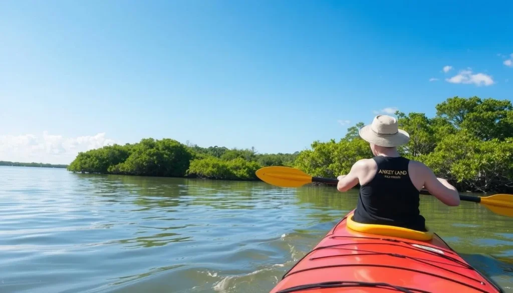 A kayaker paddling through calm waters around Anna Maria Island, with mangroves in the background