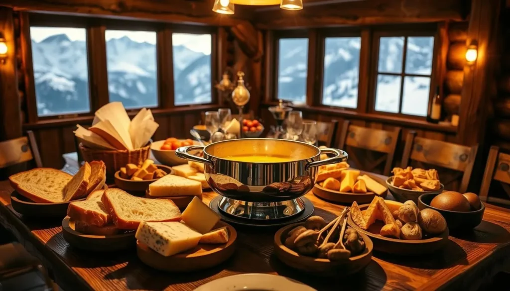 A large, rustic wooden table set for a cozy Swiss fondue experience. In the center, a gleaming silver fondue pot filled with melted Swiss cheeses - Emmentaler, Gruyère, and Appenzeller - gently bubbling. Surrounding the pot, an assortment of freshly baked crusty breads, crunchy apples, and earthy mushrooms, all waiting to be dipped into the rich, creamy fondue. The scene is bathed in warm, golden lighting, creating a inviting and intimate atmosphere. In the background, a panoramic view of snow-capped Swiss Alps, hinting at the alpine setting. The image captures the essence of an authentic Swiss culinary experience, perfect for showcasing the "Authentic Swiss Food Experiences" section of the article.