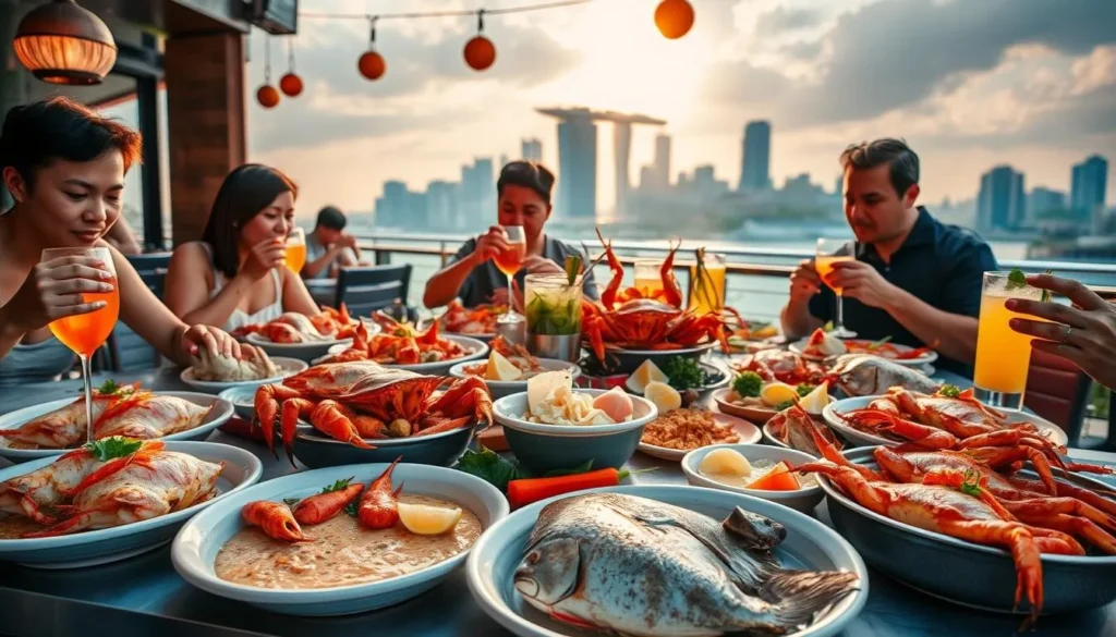 A lavish seafood feast set against the backdrop of a sun-drenched Singapore skyline. A table overflows with an array of fresh, glistening catches - plump chili crabs, succulent prawns, and delicate steamed fish, complemented by vibrant condiments and sides. Diners savor the flavors, sipping on craft cocktails and taking in the lively, al fresco ambiance. Warm, directional lighting illuminates the scene, creating a welcoming, intimate atmosphere. The composition emphasizes the tactile, sensory experience of this quintessential Singaporean seafood indulgence.
