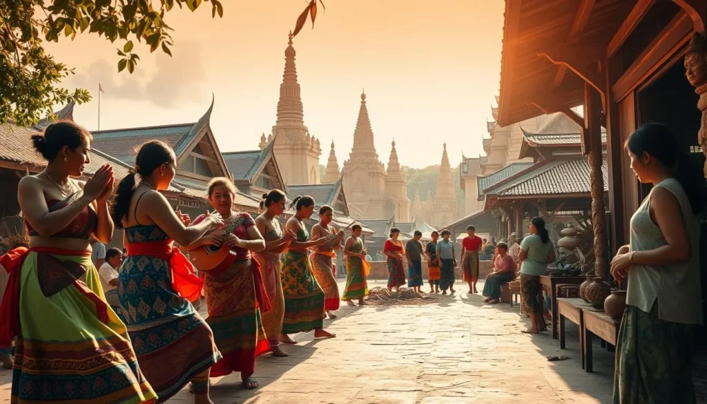 A lively Khmer village scene on a bright, sun-filled day. In the foreground, a group of vibrant-clad locals engage in traditional dance and music, their movements flowing with energy and rhythm. The middle ground showcases artisans skillfully crafting intricate weavings, pottery, and wood carvings, showcasing the rich artistic heritage. In the background, towering Buddhist temples and pagodas stand as timeless reminders of the deep spiritual and cultural traditions. Warm, golden lighting illuminates the entire tableau, creating a sense of warmth, authenticity, and timelessness. Capture the essence of Khmer culture through this immersive, visually captivating scene.