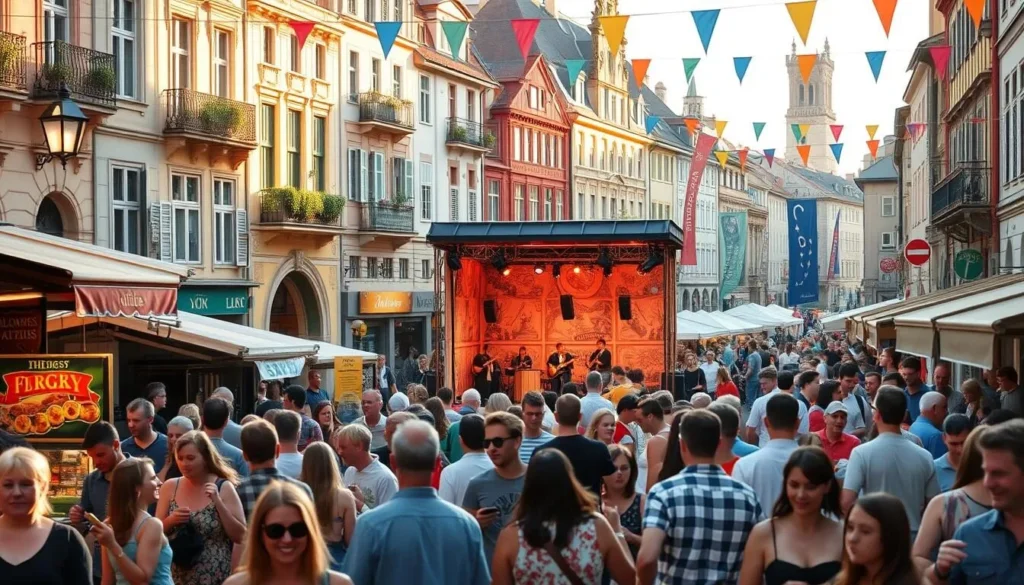 A lively Zurich street scene during a vibrant summer festival. In the foreground, a crowd of cheerful people mingle, sampling food from colorful vendor stalls. In the middle ground, a stage stands with musicians performing energetic music, drawing an enthusiastic audience. The background reveals the historic architecture of Zurich, with its charming cobblestone streets and ornate buildings bathed in warm, golden afternoon light. Flags and streamers flutter in the gentle breeze, creating a festive atmosphere. The overall scene conveys the energy, diversity, and cultural richness of Zurich's thriving festival culture.