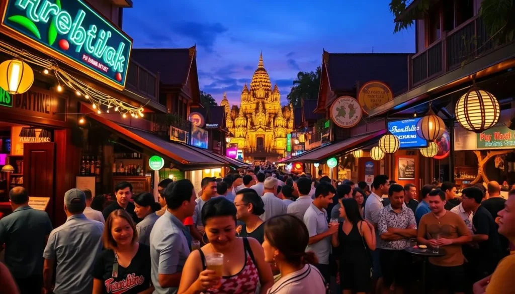 A lively and vibrant Pub Street in Siem Reap, Cambodia, bustling with activity as the sun sets. In the foreground, patrons spill out of cozy bars and pubs, sipping cocktails and chatting animatedly. The middle ground showcases traditional Khmer architecture, with twinkling lights and neon signs illuminating the scene. In the background, a glimpse of the iconic Angkor Wat temples can be seen, hinting at the rich cultural heritage of the city. The atmosphere is electric, with a warm, inviting glow that captures the essence of Siem Reap's renowned nightlife. A wide-angle lens captures the energy and dynamism of this iconic street, creating a visually captivating and immersive image.