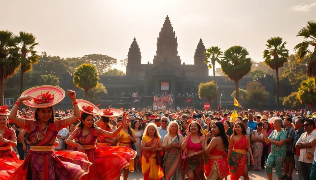 A lively celebration at the majestic Angkor Wat temple complex, Cambodia. In the foreground, vibrant costumed dancers swirl and twirl, their intricate movements accompanied by the rhythmic beats of traditional Khmer music. The middle ground is filled with a crowd of enthusiastic locals and tourists, their faces alight with joy as they immerse themselves in the festivities. In the background, the iconic silhouette of Angkor Wat's towering spires stands tall, bathed in warm, golden sunlight that filters through the lush, verdant foliage. The overall scene conveys a sense of cultural immersion, where ancient traditions and modern celebration seamlessly blend, creating a truly memorable experience for all who witness it.