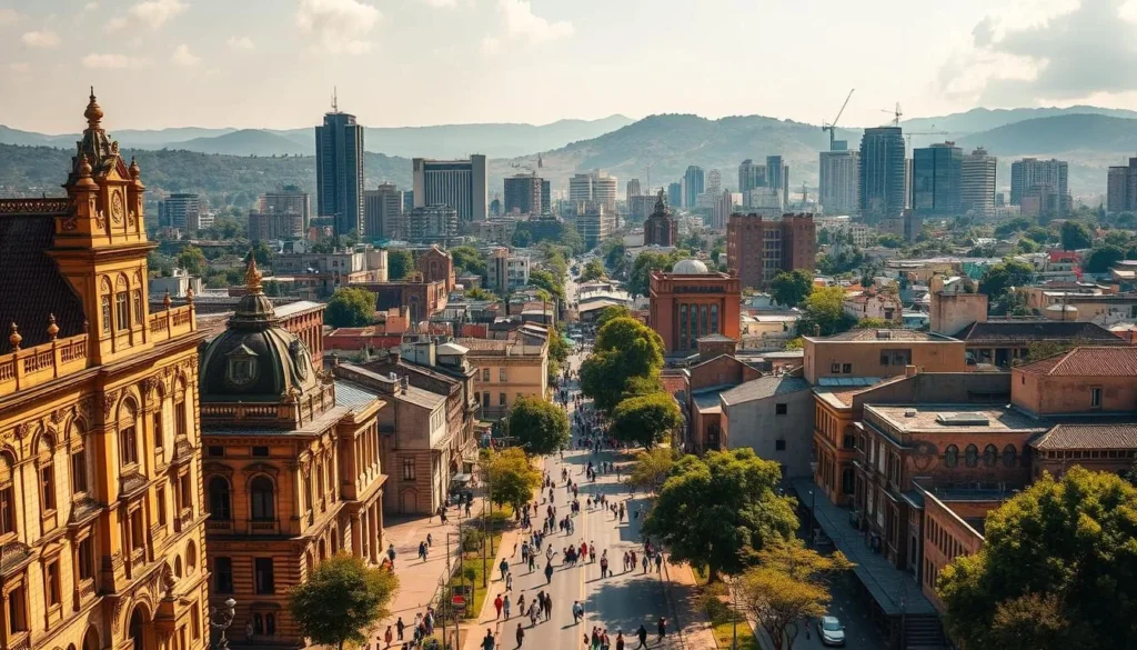 A lively cityscape of Lubumbashi, the bustling economic heart of the Democratic Republic of the Congo. In the foreground, historic colonial-era buildings stand tall, their intricate facades and ornate architecture a testament to the city's past. People stroll along the sidewalks, going about their daily lives. In the middle ground, modern skyscrapers and high-rises pierce the skyline, symbolizing Lubumbashi's transformation into a dynamic, forward-looking metropolis. The background is filled with rolling hills and lush greenery, a natural backdrop to the urban landscape. Warm, golden sunlight bathes the scene, creating a sense of vibrancy and prosperity. An aerial perspective captures the harmonious blend of old and new, showcasing Lubumbashi's rich historical legacy and its evolution into a thriving, modern African city.