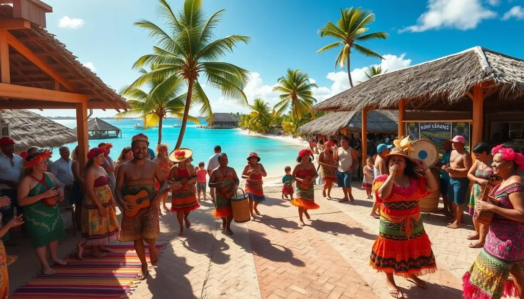 A lively festival scene in the tropical paradise of Tokelau, with locals dressed in vibrant traditional attire dancing and celebrating under the warm, golden sunlight. Colorful handwoven mats and baskets line the village square, complemented by the rhythmic beat of drums and ukuleles. In the background, thatched-roof huts and swaying palm trees create a picturesque island atmosphere, while the crystal-clear turquoise waters of the lagoon glisten in the distance, inviting visitors to immerse themselves in the joyous festivities.