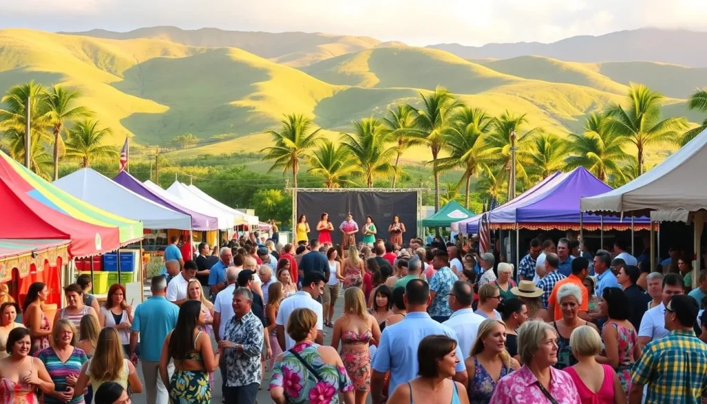 A lively festival scene on the picturesque island of Lanai. In the foreground, colorfully dressed locals and tourists mingle, dancing to the rhythm of traditional Hawaiian music. Vibrant tents and food stalls line the streets, their aromas wafting through the warm, island air. In the middle ground, a stage is set up, where hula dancers sway gracefully to the beat of drums. The background features the lush, verdant landscape of Lanai, with its rolling hills and swaying palm trees, bathed in the golden glow of the afternoon sun. The atmosphere is one of joy, celebration, and a deep connection to the island's rich cultural heritage.