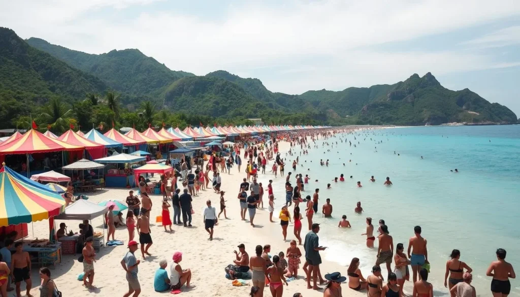 A lively festival scene on the pristine beaches of Con Dao Islands, Vietnam. Vibrant tents and stalls line the coastline, filled with colorful local handicrafts, fragrant street food, and energetic traditional performances. Beachgoers enjoy the warm tropical sunshine, some cooling off in the turquoise waters, while others sway to the rhythmic beats of live music. In the background, the rugged, verdant hills of the islands create a stunning natural backdrop. Capture the celebratory atmosphere and cultural richness of this unique island festival.