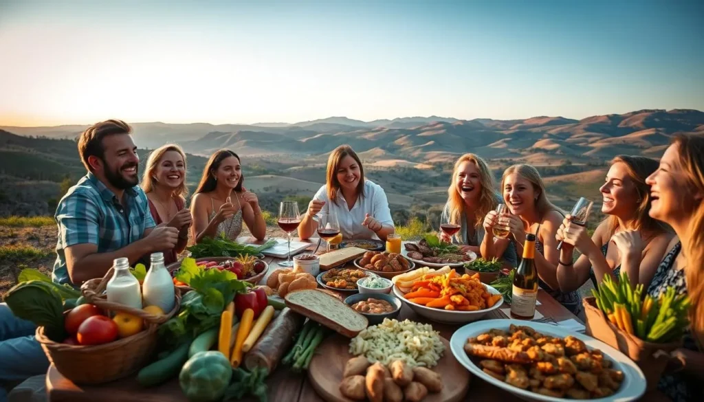 A lively group of friends enjoying a delectable outdoor feast in the serene surroundings of the Great Valley Range, California. In the foreground, a beautifully presented spread of local, fresh produce, artisanal breads, and tantalizing dishes. In the middle ground, the friends gathered around a picnic table, faces aglow with joy and enthusiasm as they indulge in the flavorful bounty. The background showcases the stunning natural beauty of the region, with rolling hills, verdant landscapes, and a warm, golden light casting a tranquil ambiance over the scene. Captured with a wide-angle lens to convey a sense of immersion, this image celebrates the perfect harmony between the region's culinary delights and its breathtaking outdoor splendor.