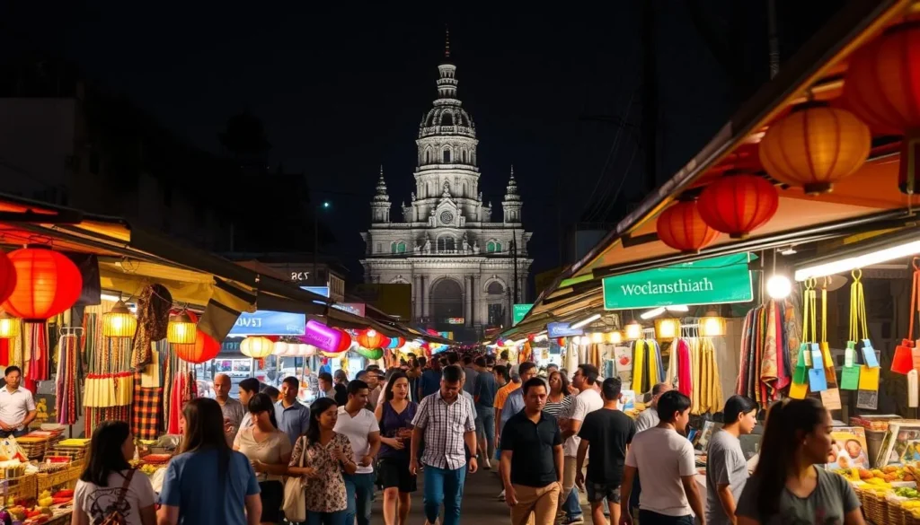 A lively night market in Phnom Penh, Cambodia, bustling with activity. Vibrant stalls line the streets, illuminated by warm lanterns and neon signs. Locals and tourists weave between the colorful displays of handicrafts, textiles, and street food. The air is filled with the aroma of sizzling dishes and the lively chatter of vendors. In the background, a glimpse of the city's historic architecture serves as a backdrop to this captivating scene. Capture the energy and atmosphere of this authentic Cambodian market experience.