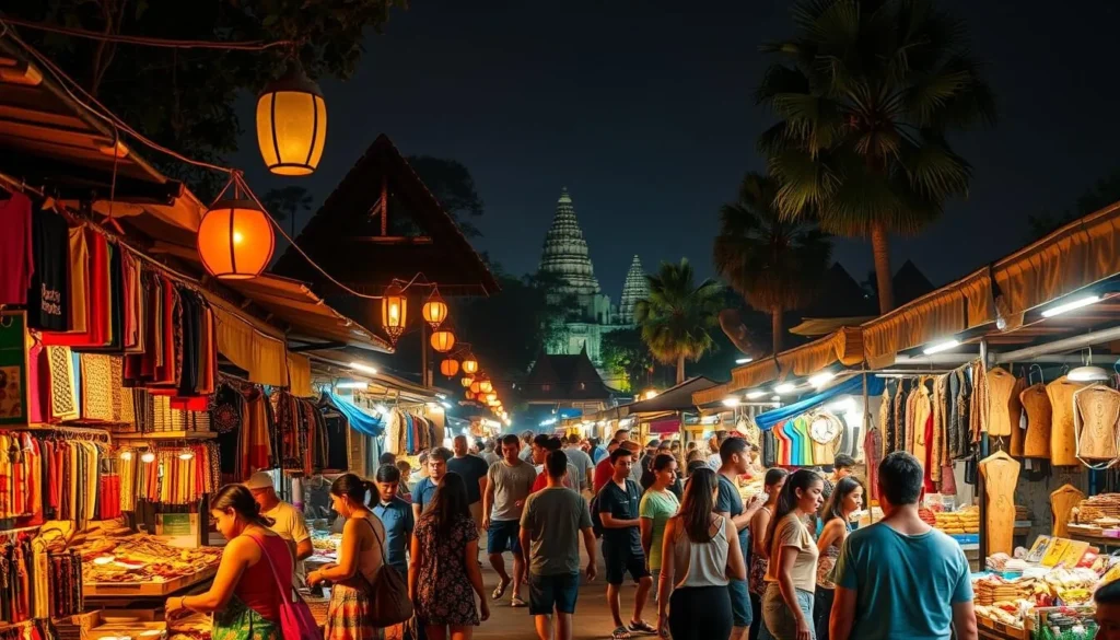 A lively night market in Siem Reap, Cambodia, bustling with activity. Vibrant stalls line the streets, offering an array of handcrafted goods, local delicacies, and street food. The air is filled with the aroma of sizzling woks and the chatter of vendors. Warm, golden light from lanterns and string lights casts a cozy glow, creating a welcoming atmosphere. Shoppers browse through colorful textiles, intricate wood carvings, and sparkling jewelry, immersed in the unique Cambodian culture. In the background, the silhouettes of ancient temples and lush palm trees stand tall, adding to the serene and historical ambiance. A captivating scene that invites exploration and discovery.