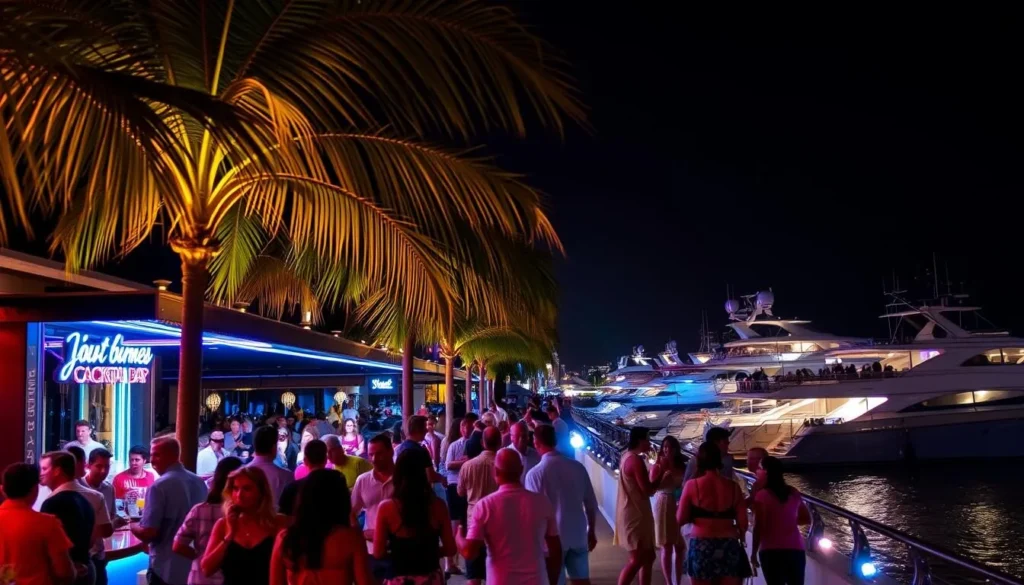 A lively night scene in Palm Beach, Florida. In the foreground, people mingle and dance under the neon-lit palm trees and awnings of a bustling outdoor lounge. The middle ground features a row of chic cocktail bars and clubs, their facades illuminated by warm, inviting lighting. In the background, the silhouettes of luxury yachts are visible along the glistening waterfront, creating a sense of affluence and coastal sophistication. The overall mood is vibrant and energetic, capturing the essence of Palm Beach's renowned nightlife.