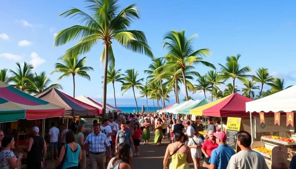 A lively outdoor festival on the tropical island of Lanai. In the foreground, locals and visitors mingle amidst colorful tents and stalls selling authentic Hawaiian crafts, fresh seafood, and sweet tropical fruits. Swaying palm trees and a clear blue sky form the tranquil backdrop, while in the middle ground, hula dancers sway gracefully to the rhythmic beat of ukuleles and drums. Soft natural lighting bathes the scene, capturing the warm, festive atmosphere of this island celebration.