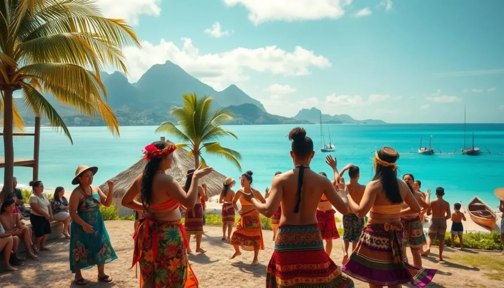 A lively outdoor scene in the Austral Islands, French Polynesia, capturing the vibrant culture and spirit of the region. In the foreground, colorfully dressed locals perform a traditional Polynesian dance, their movements graceful and rhythmic. In the middle ground, thatched-roof huts and palm trees sway gently in the warm tropical breeze. The background features a stunning azure lagoon, framed by volcanic peaks and dotted with traditional outrigger canoes. Soft, diffused lighting creates a golden, sun-dappled atmosphere, evoking the tranquil, laid-back ambiance of this remote island paradise.