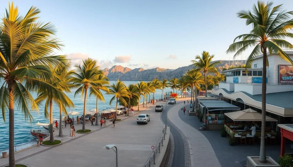 A lively promenade along the iconic Costera Miguel Aleman in Acapulco, Mexico. Capture the bustling seaside atmosphere with palm trees swaying in the warm breeze, couples strolling hand-in-hand, and vibrant beachfront restaurants lining the sidewalks. Depict the promenade winding along the azure waters of the Pacific Ocean, with the dramatic cliffs of Acapulco's famous La Quebrada rising in the distance. Utilize a wide, panoramic lens to showcase the full scope of this famous coastal thoroughfare, bathed in the golden glow of a perfect Acapulco afternoon.